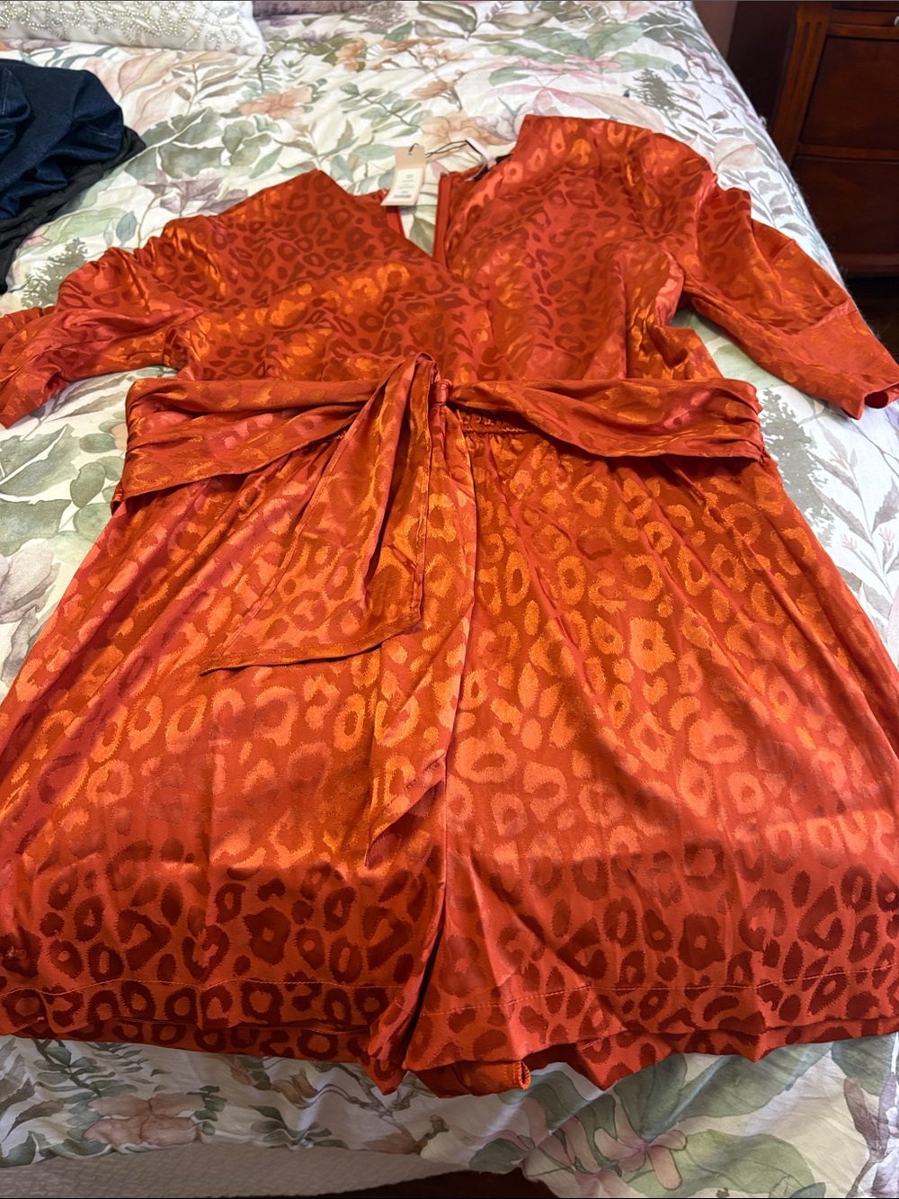 BCBGeneration Orange Satin Leopard-Print Midi Wrap Dress